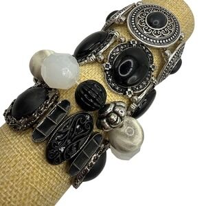 Vintage Chunky Boho Stacking Bracelet Bundle Lot of 3 Silver Tone Black Beaded